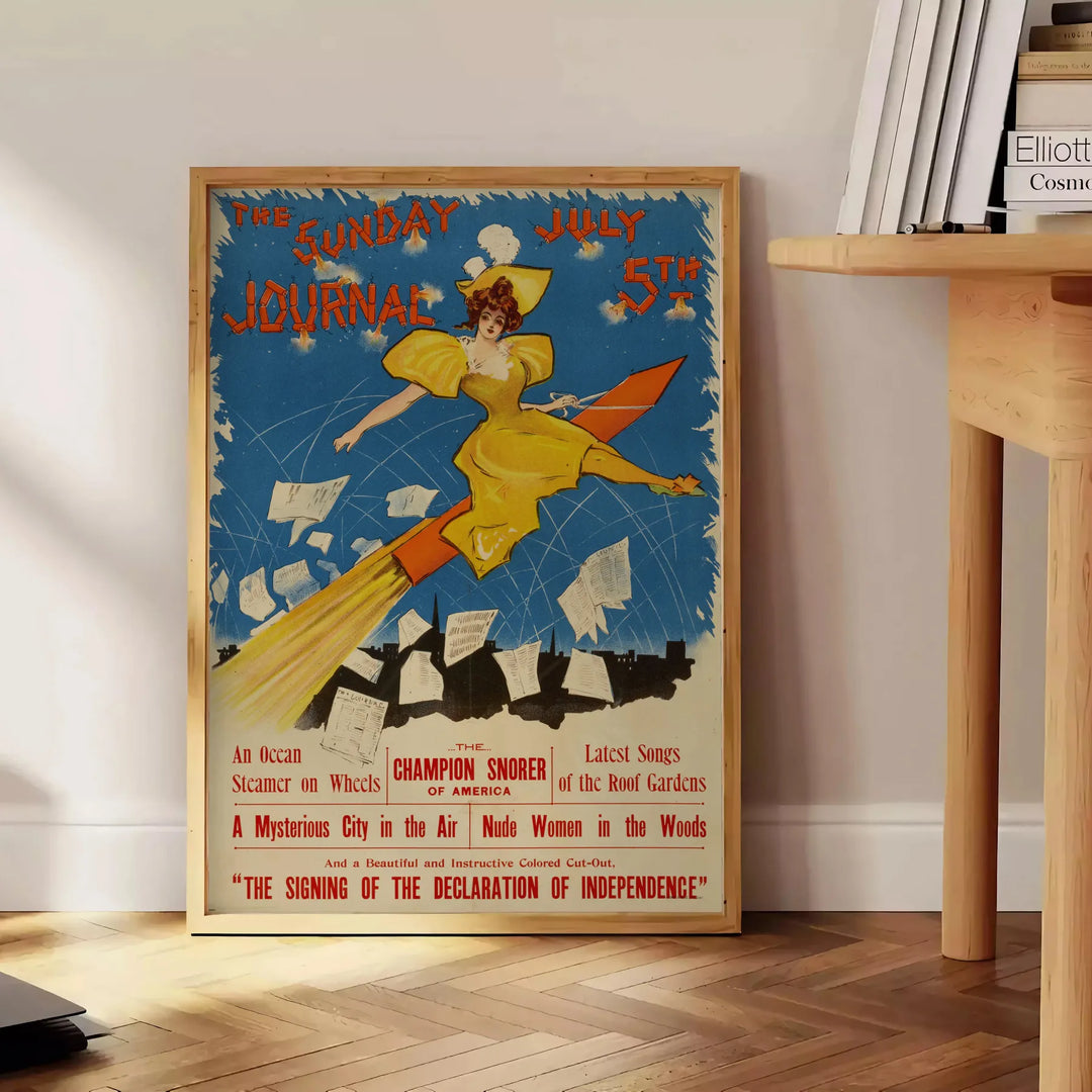 Vintage print featuring a Sunday journal with green and blue hues - beside a round wooden side table with books