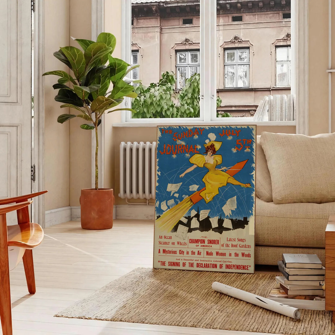 Vintage print featuring a Sunday journal with green and blue hues - in a Parisian living room with a sofa and a fig plant