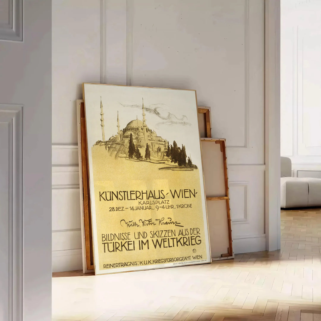 Vintage travel poster featuring Turkey with green and orange tones - leaning on a herringbone floor against a white panelled wall
