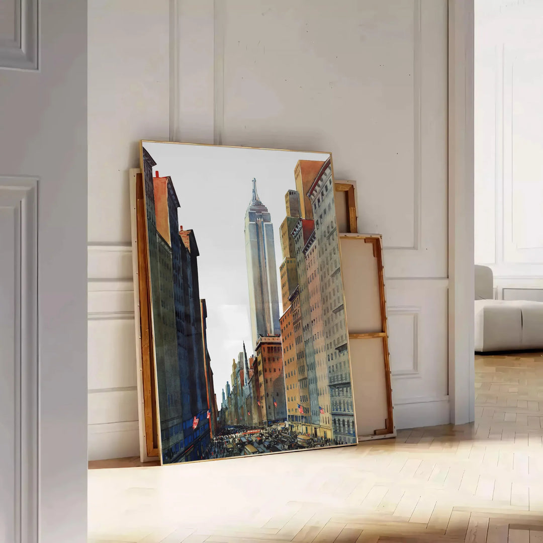 Illustration vintage de la skyline de New York en noir et vert - posée sur un parquet à chevrons contre un mur à moulures