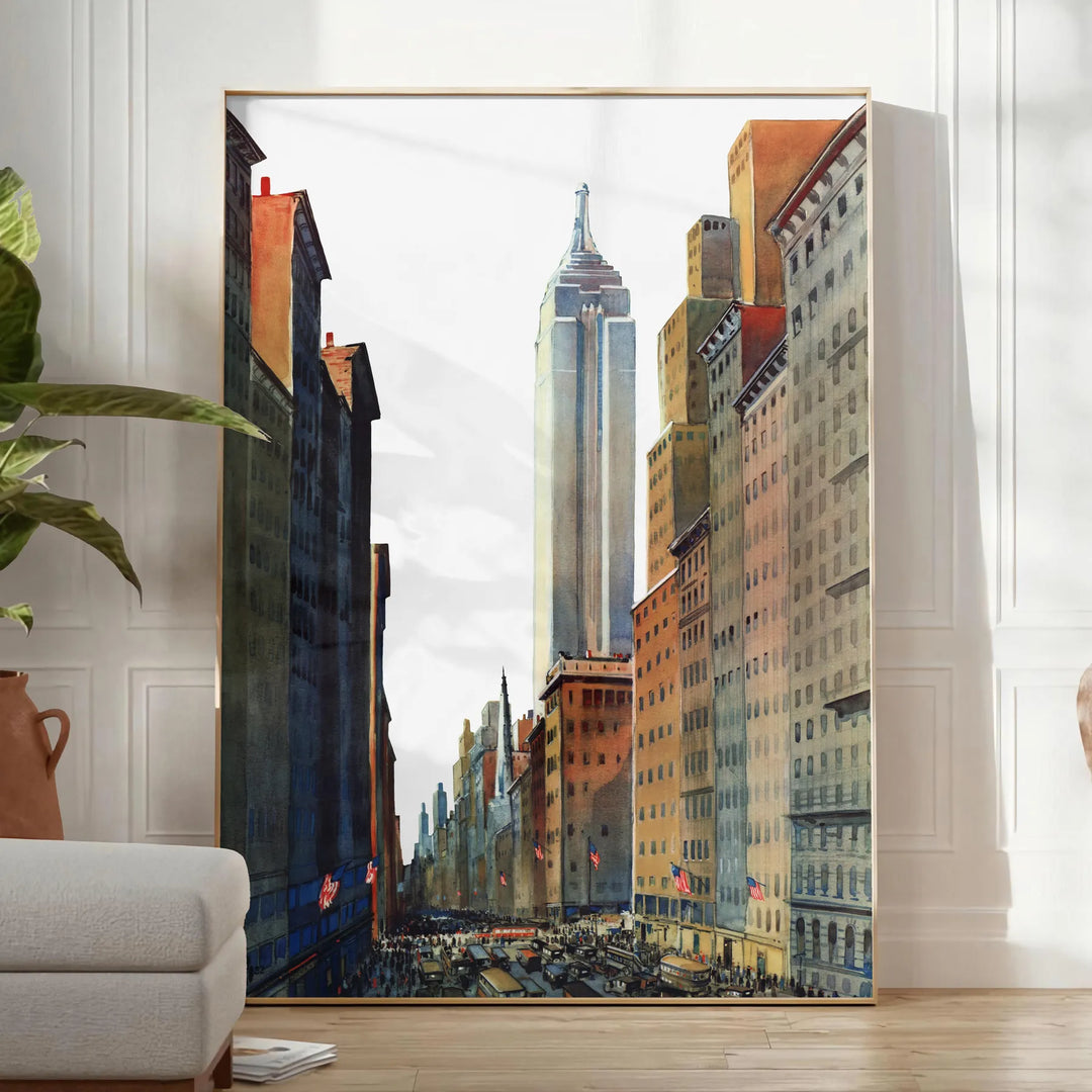 Illustration vintage de la skyline de New York en noir et vert - dans une pièce lumineuse épurée avec plante et fauteuil