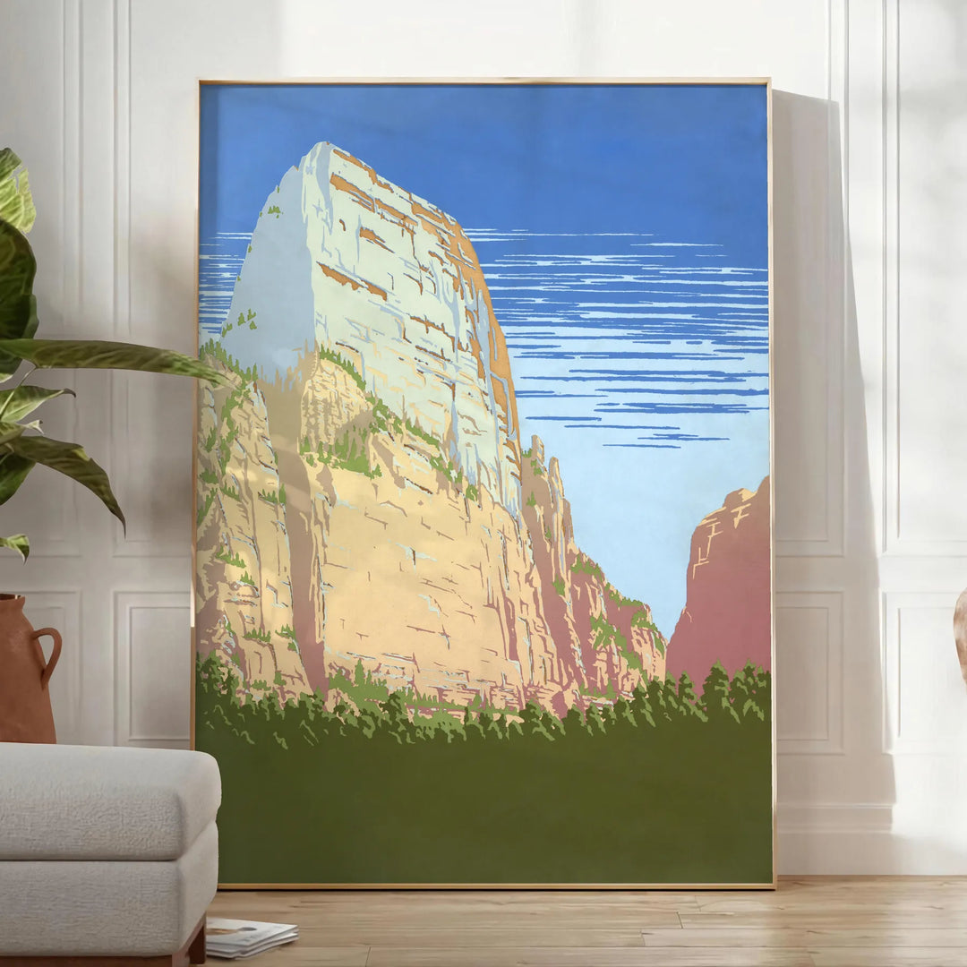 Vintage space-themed poster with earthy brown and green tones - in a bright minimalist room with a plant and an armchair