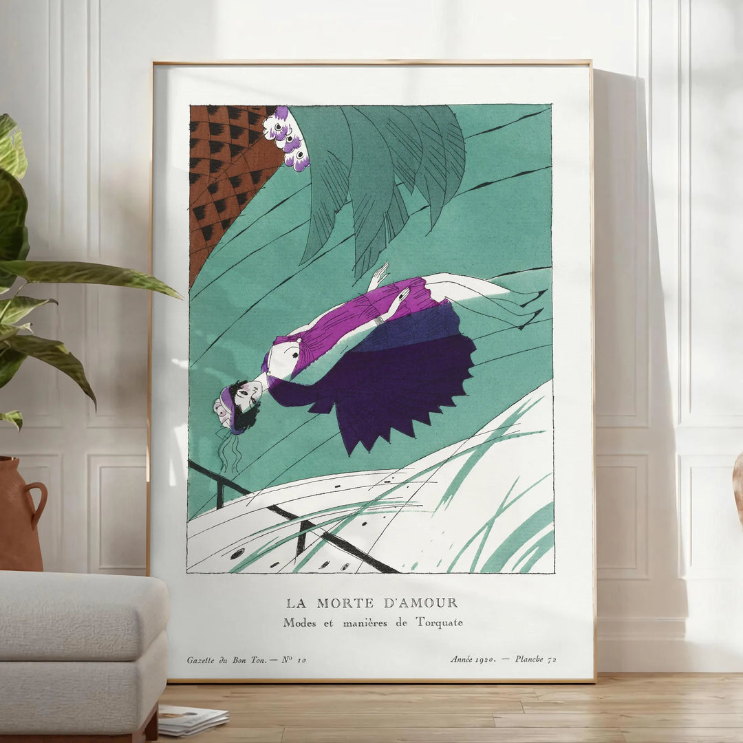 Vintage illustration of La Morte d'Amour with soft blue and gray tones - in a bright minimalist room with a plant and an armchair