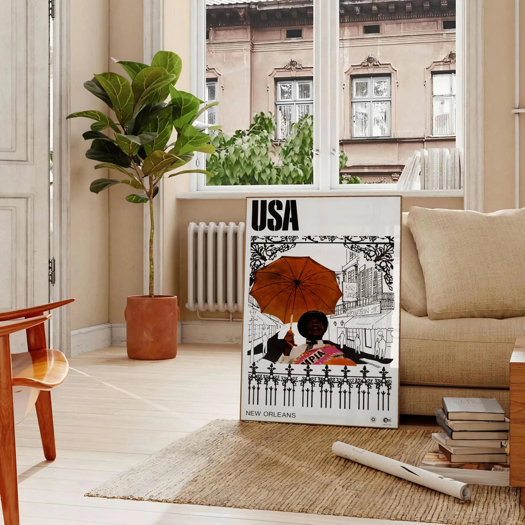Abstract vintage design with gray and black tones - in a Parisian living room with a sofa and a fig plant