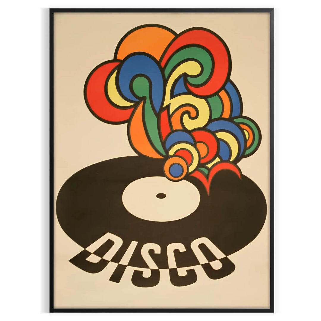 Colorful retro-inspired design featuring vinyl records and abstract shapes