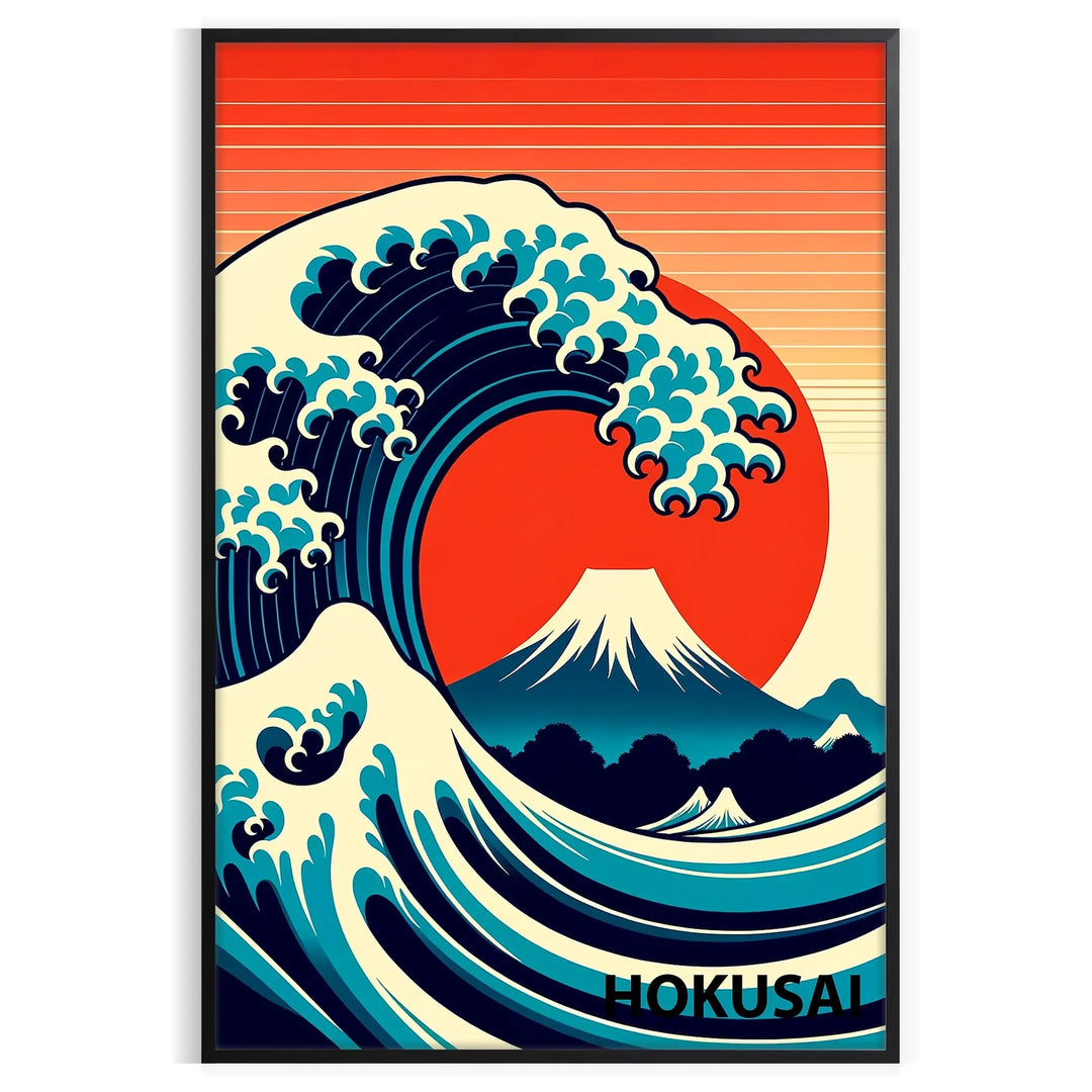 Dynamic wave crashing in shades of orange and red, Japanese art style