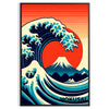 Dynamic wave crashing in shades of orange and red, Japanese art style - in a black frame