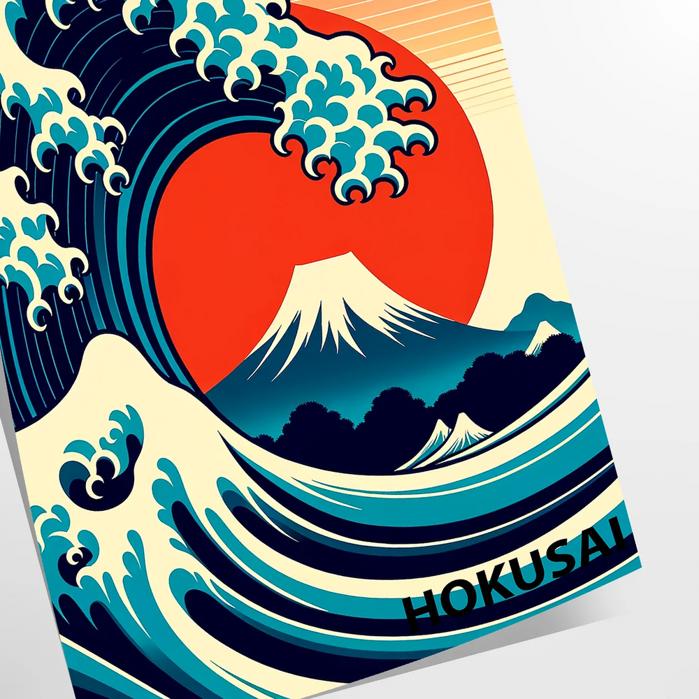 Dynamic wave crashing in shades of orange and red, Japanese art style