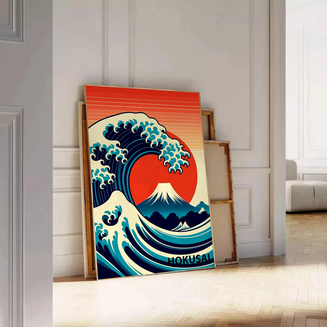 Dynamic wave crashing in shades of orange and red, Japanese art style - leaning on a herringbone floor against a white panelled wall