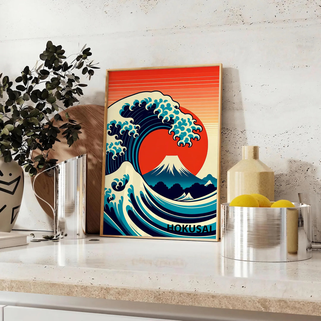 Dynamic wave crashing in shades of orange and red, Japanese art style - styled on a counter with eucalyptus and a bowl of lemons