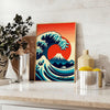 Dynamic wave crashing in shades of orange and red, Japanese art style - styled on a counter with eucalyptus and a bowl of lemons