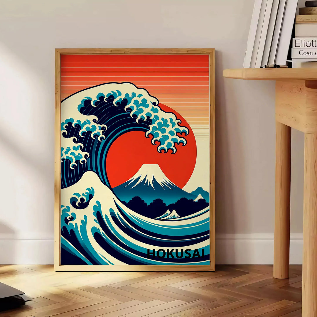 Dynamic wave crashing in shades of orange and red, Japanese art style - beside a round wooden side table with books