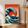Dynamic wave crashing in shades of orange and red, Japanese art style - beside a round wooden side table with books