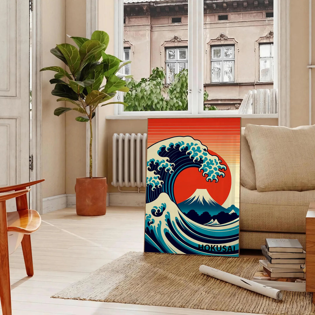 Dynamic wave crashing in shades of orange and red, Japanese art style - in a Parisian living room with a sofa and a fig plant