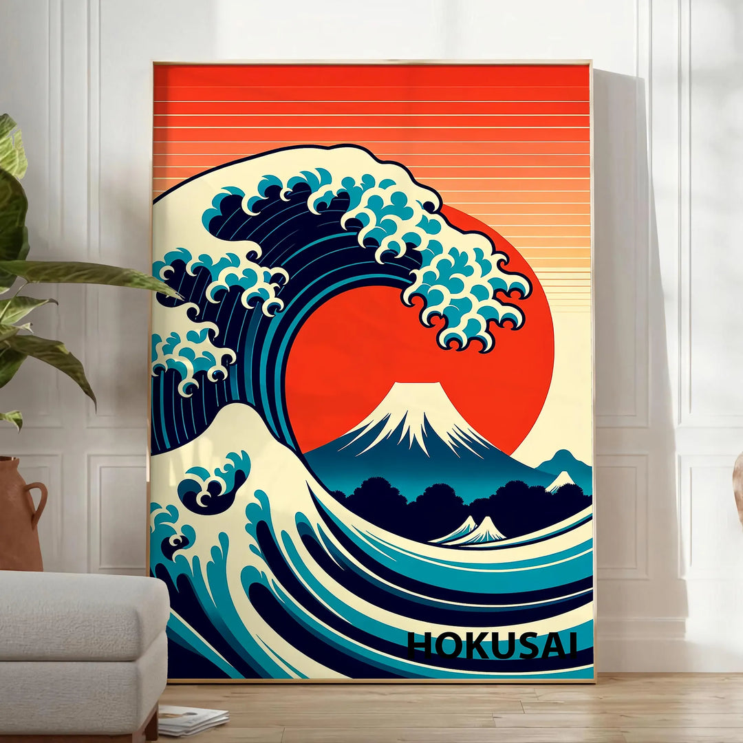 Dynamic wave crashing in shades of orange and red, Japanese art style - in a bright minimalist room with a plant and an armchair