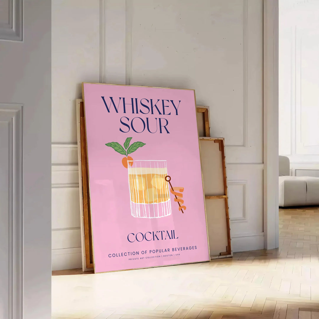 Illustration of a Whiskey Sour cocktail in yellow and blue tones - leaning on a herringbone floor against a white panelled wall