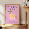 Illustration of a Whiskey Sour cocktail in yellow and blue tones - beside a round wooden side table with books