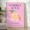 Illustration of a Whiskey Sour cocktail in yellow and blue tones - in a bright minimalist room with a plant and an armchair