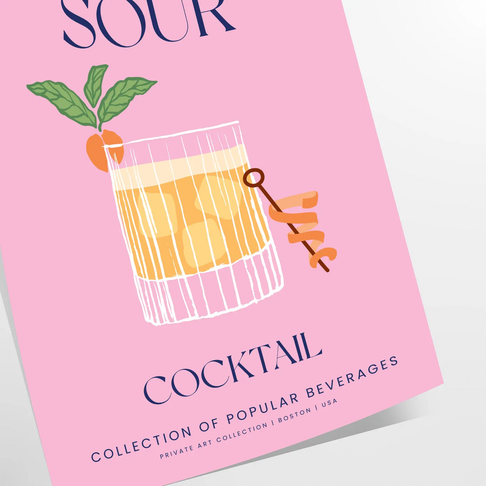 Illustration of a Whiskey Sour cocktail in yellow and blue tones