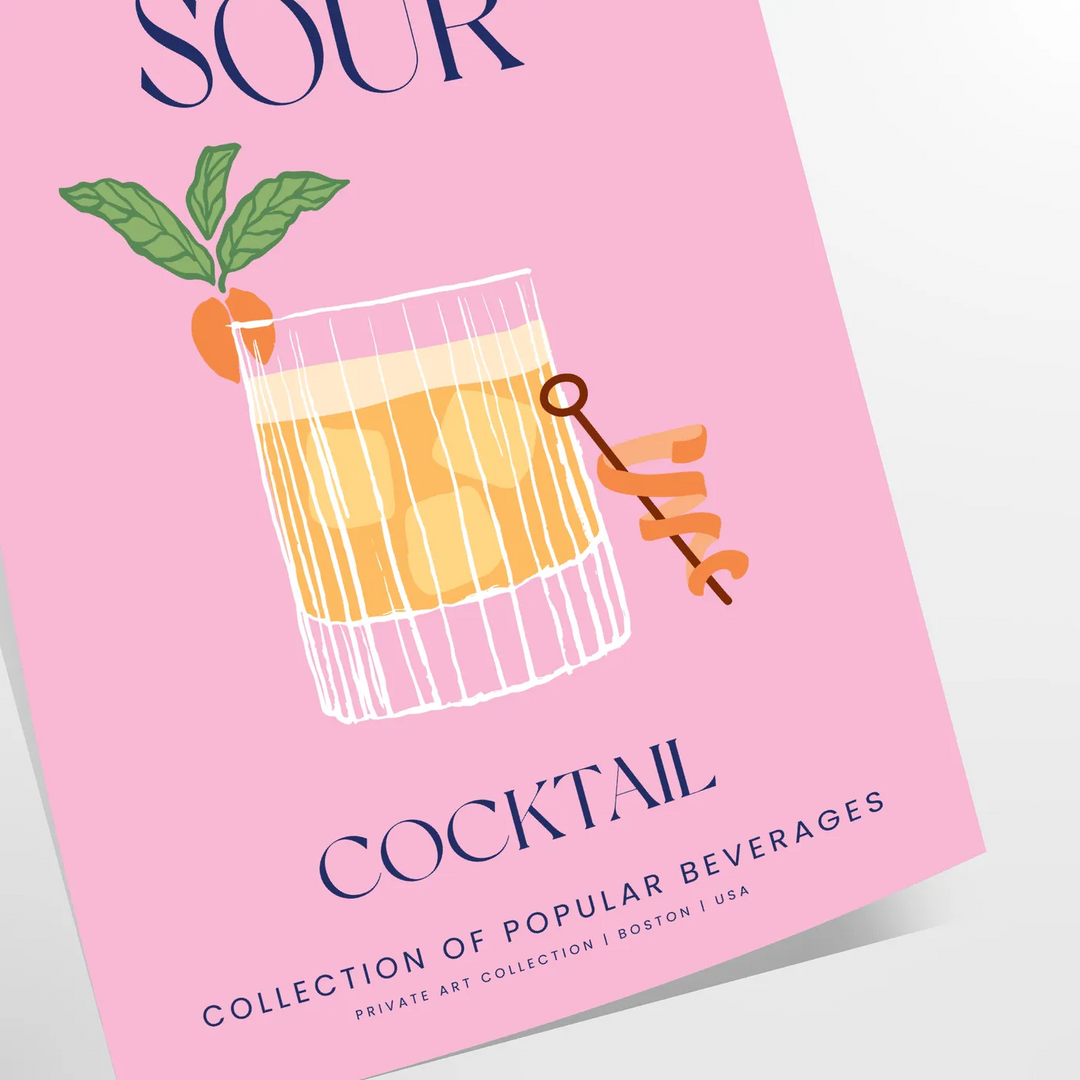 Illustration of a Whiskey Sour cocktail in yellow and blue tones