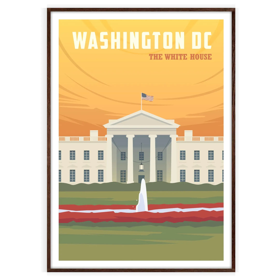 Ilustração da Casa Branca em Washington D.C. com tons de cinza - numa moldura de nogueira