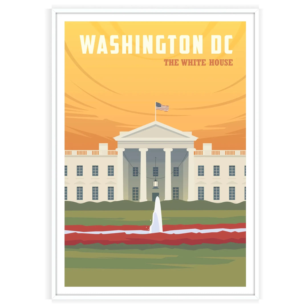 Ilustração da Casa Branca em Washington D.C. com tons de cinza - numa moldura branca