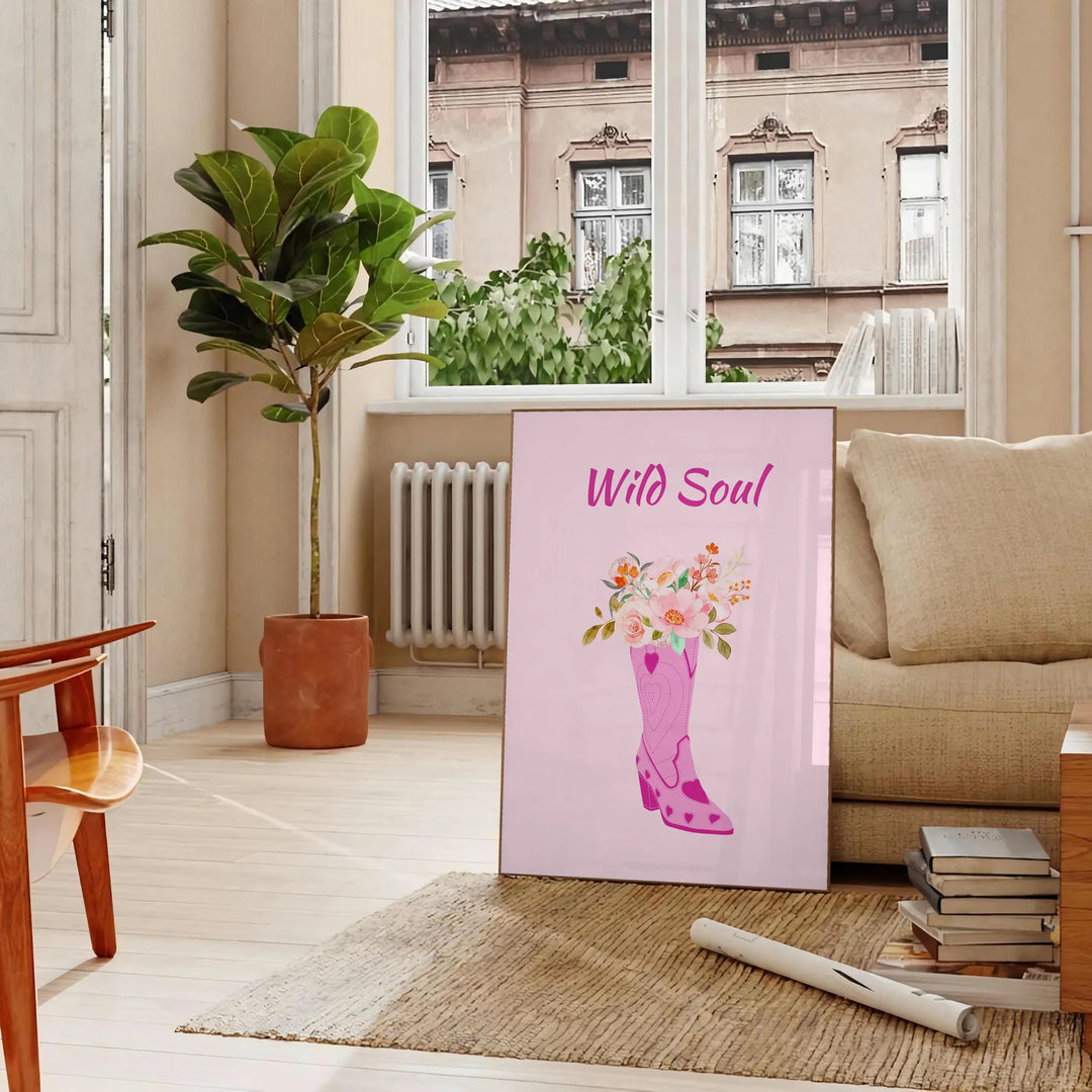 abstract depiction of a wild soul with gray and orange tones - in a Parisian living room with a sofa and a fig plant