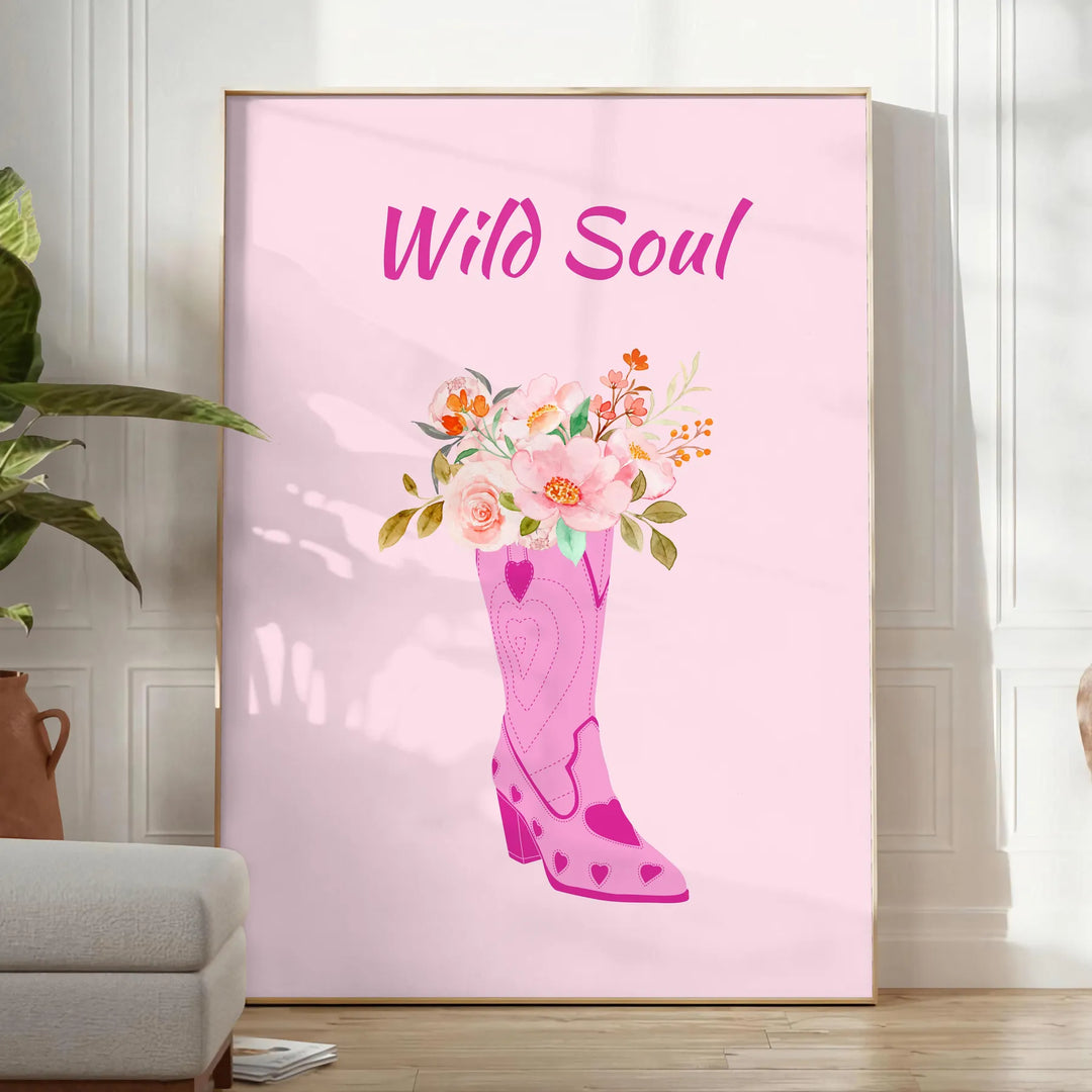abstract depiction of a wild soul with gray and orange tones - in a bright minimalist room with a plant and an armchair