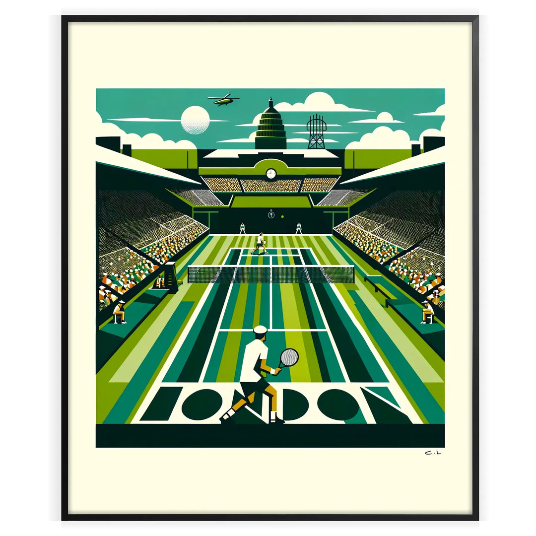 Art Deco style illustration of Wimbledon tennis matches with green and white colors