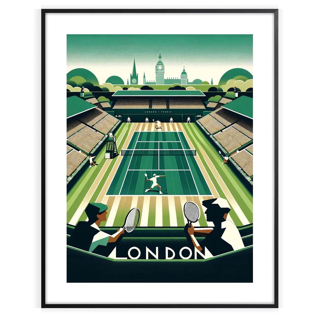 Illustration of tennis players competing at Wimbledon, featuring green grass and white attire