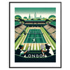 Illustration of tennis players competing at Wimbledon, featuring green grass and white attire - in a black frame