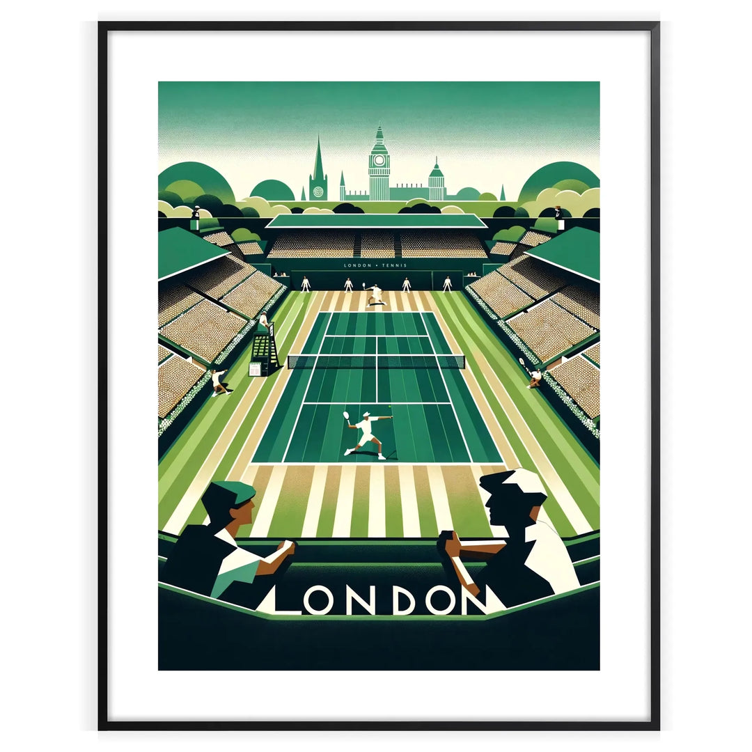 Retro illustration of Wimbledon tennis with green grass courts and players