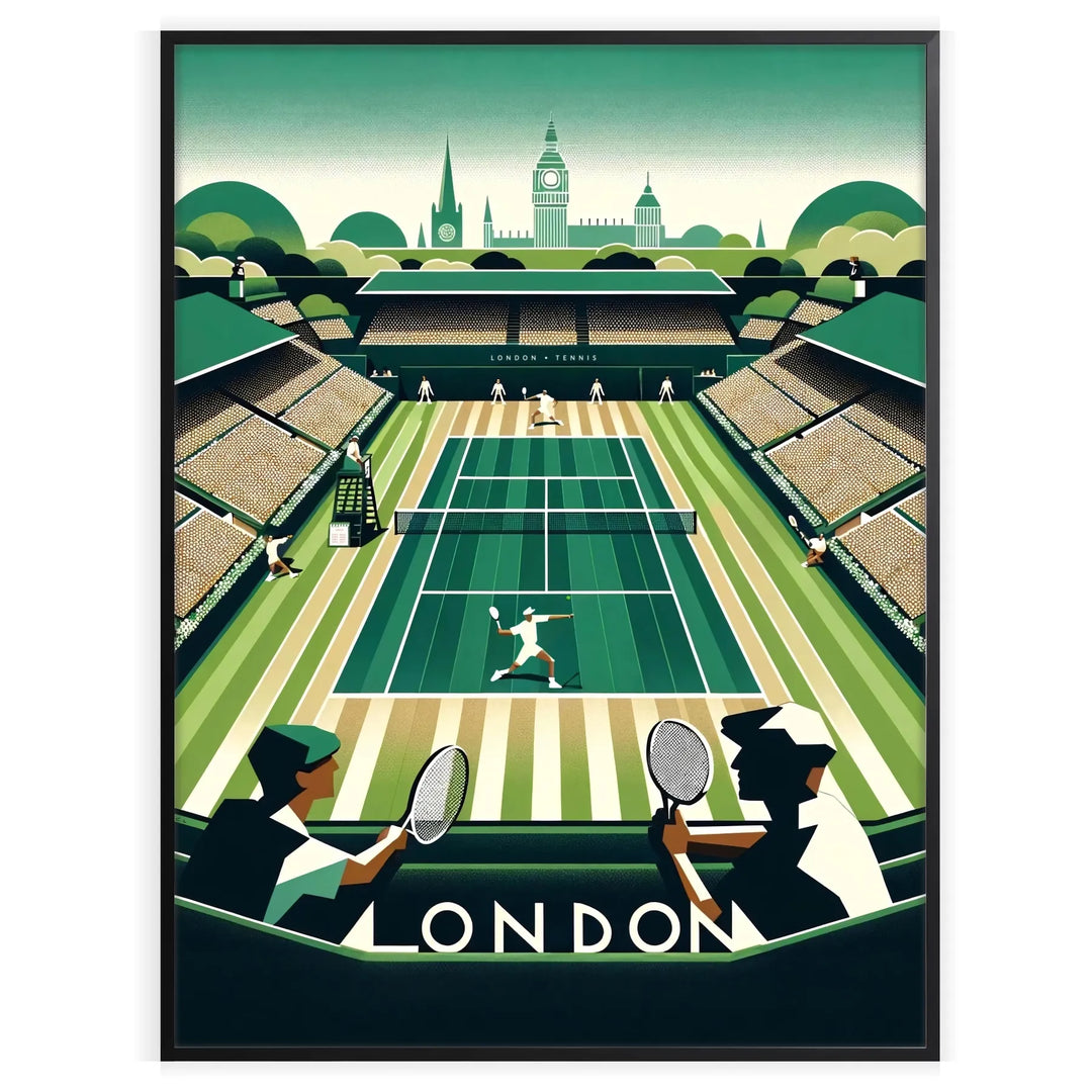Vintage illustration of Wimbledon tennis with green grass and players in white