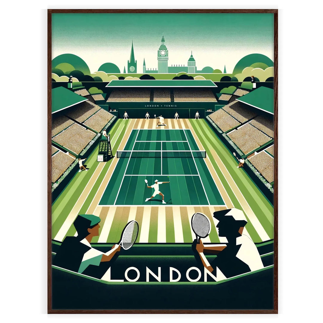 Vintage illustration of Wimbledon tennis with green grass and players in white - in a walnut frame