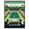 Vintage illustration of Wimbledon tennis with green grass and players in white - in a walnut frame