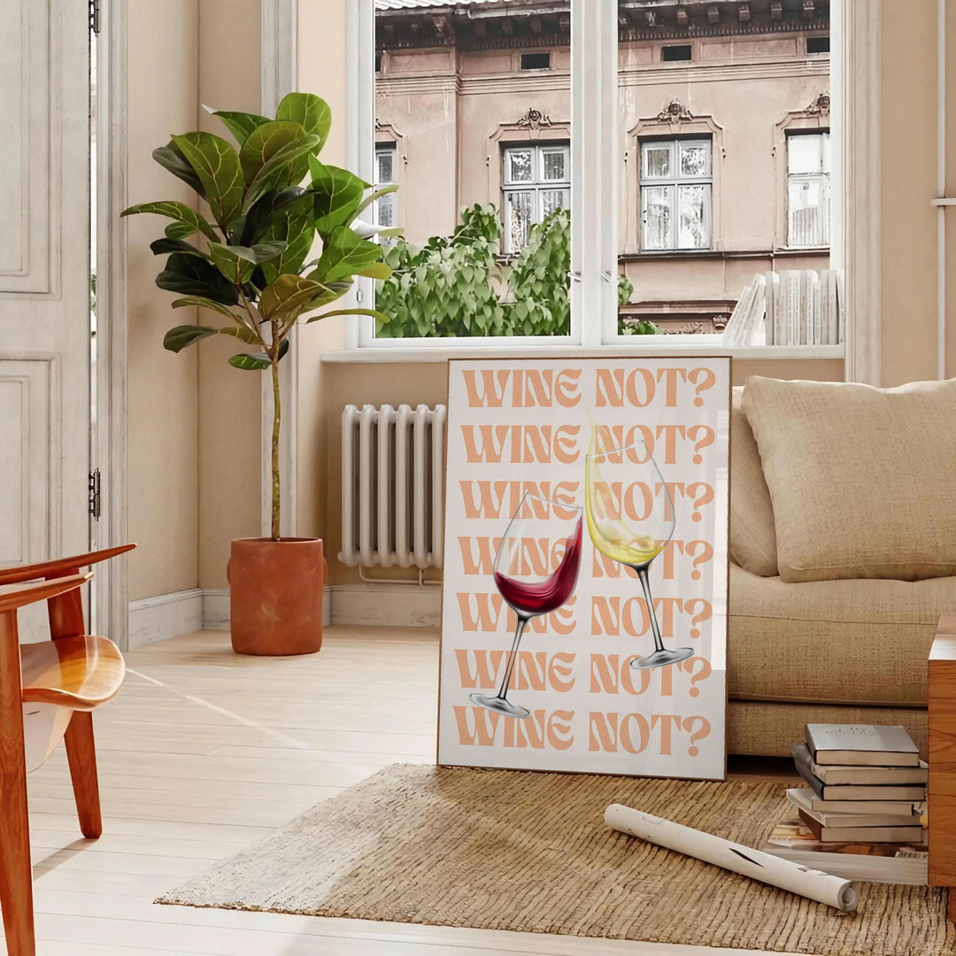 A playful kitchen poster featuring the phrase 'Wine Not' in bold letters, with yellow and purple colors. - in a Parisian living room with a sofa and a fig plant