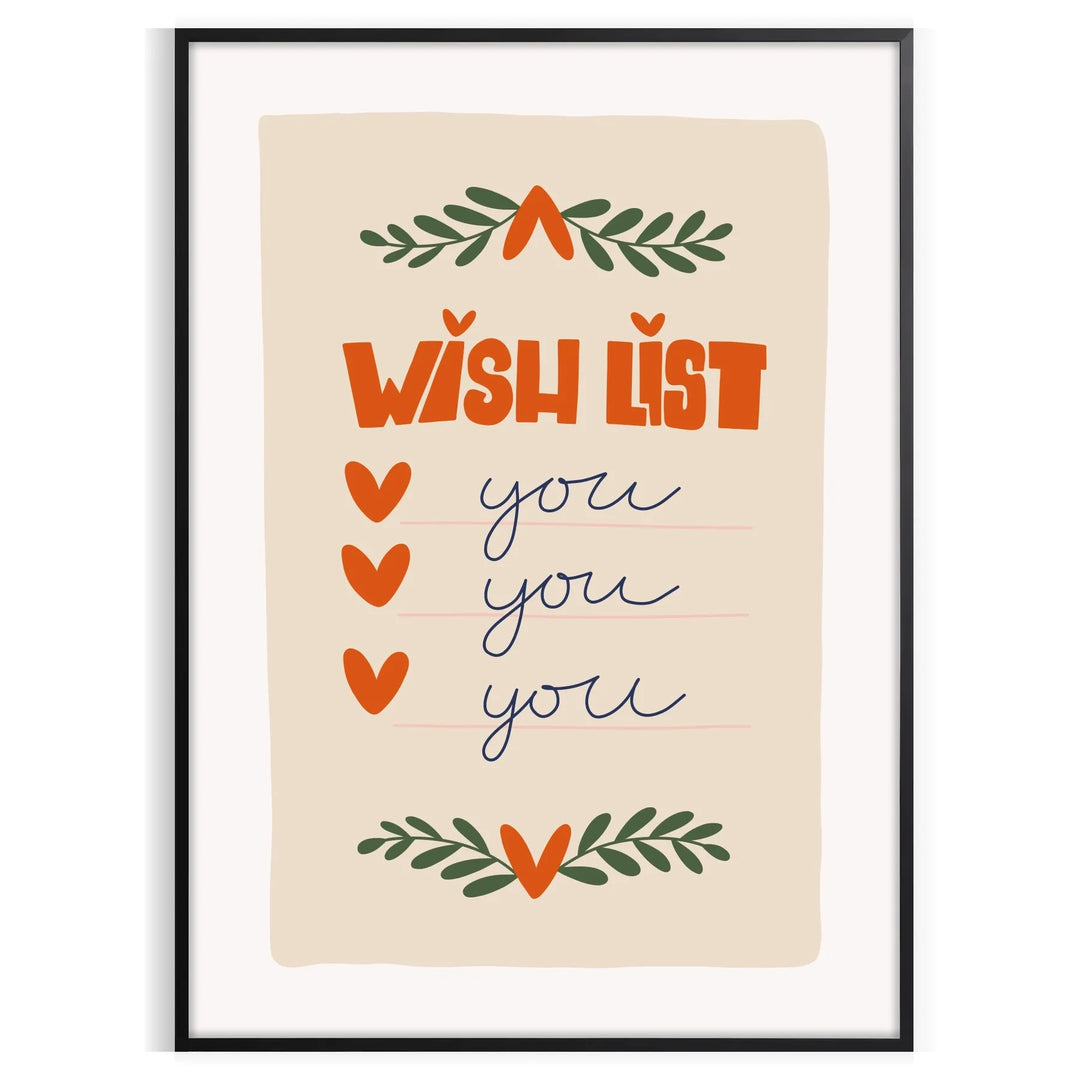 A minimalist poster featuring a wish list in gray and green tones