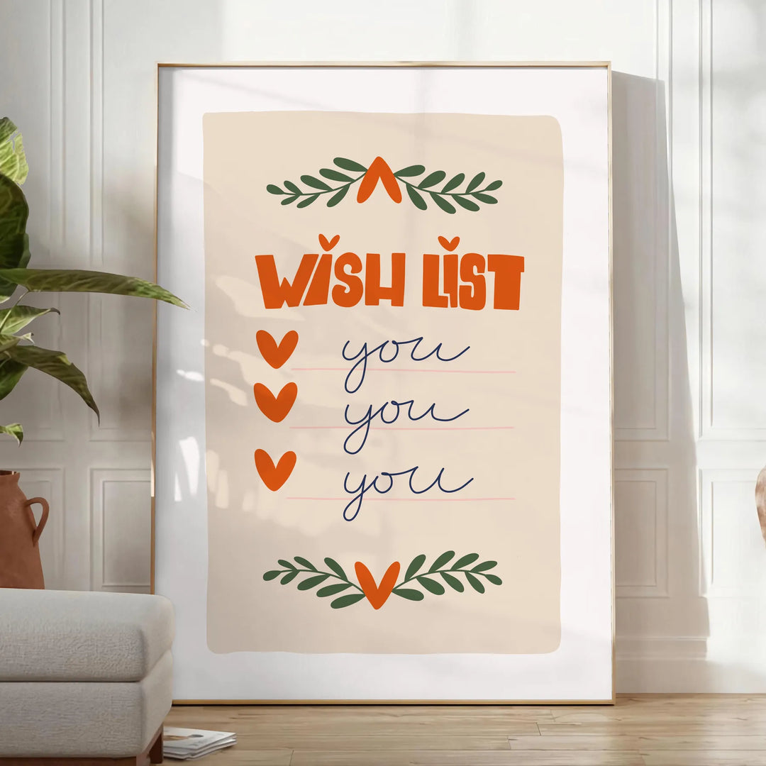 A minimalist poster featuring a wish list in gray and green tones - in a bright minimalist room with a plant and an armchair