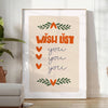 A minimalist poster featuring a wish list in gray and green tones - in a bright minimalist room with a plant and an armchair