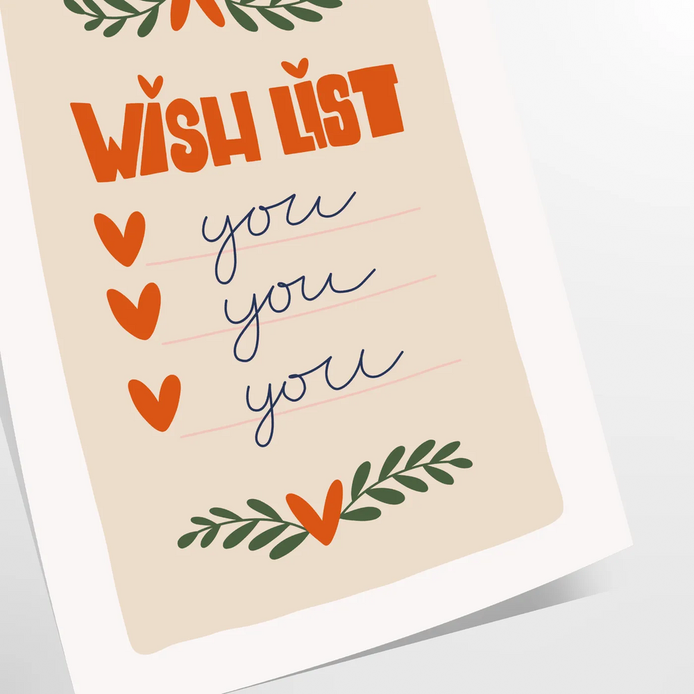 A minimalist poster featuring a wish list in gray and green tones