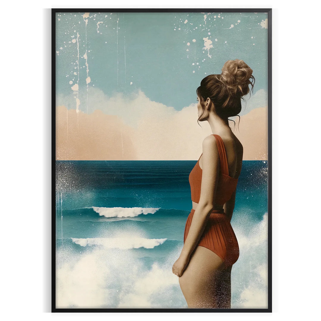 A serene woman gazing at the ocean, surrounded by earthy green and brown tones