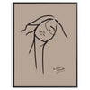 A bohemian woman with flowing hair surrounded by abstract shapes and earthy tones - in a black frame