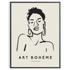 A woman in bohemian attire surrounded by abstract floral patterns - in a black frame
