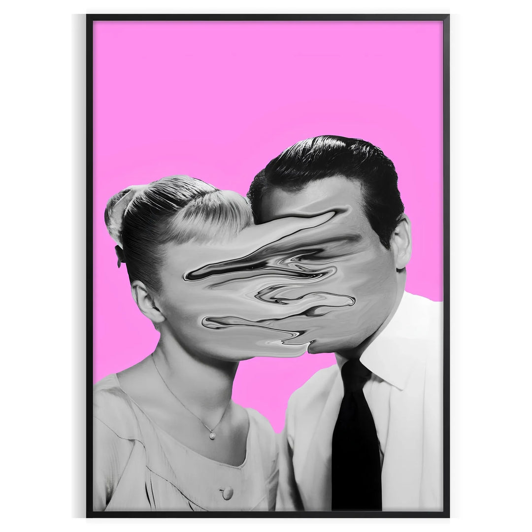 A pink and purple abstract artwork featuring a woman and a man