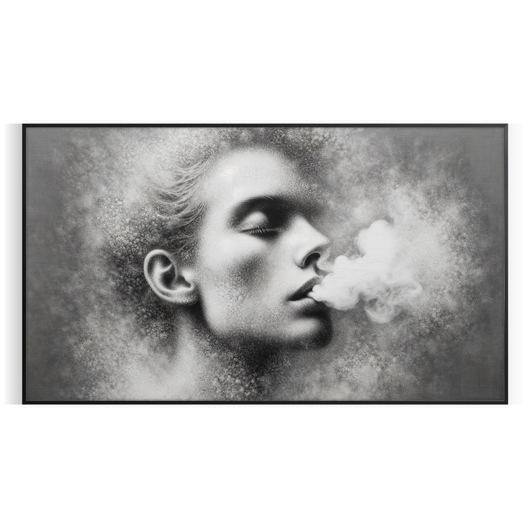 A woman smoking in soft gray and green tones