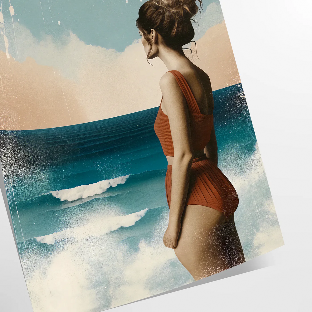A serene woman gazing at the ocean, surrounded by earthy green and brown tones