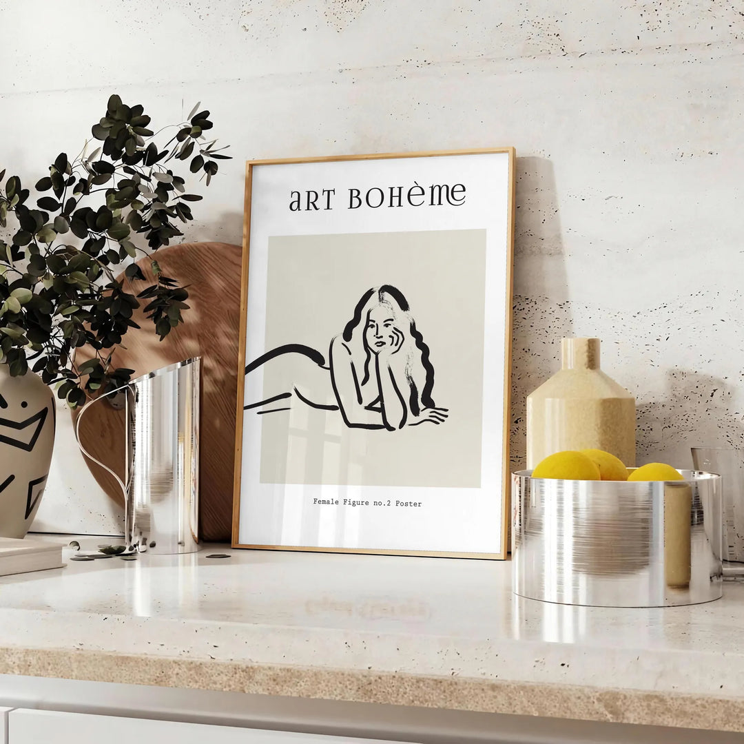 A bohemian-style illustration of a woman surrounded by celestial elements - styled on a counter with eucalyptus and a bowl of lemons