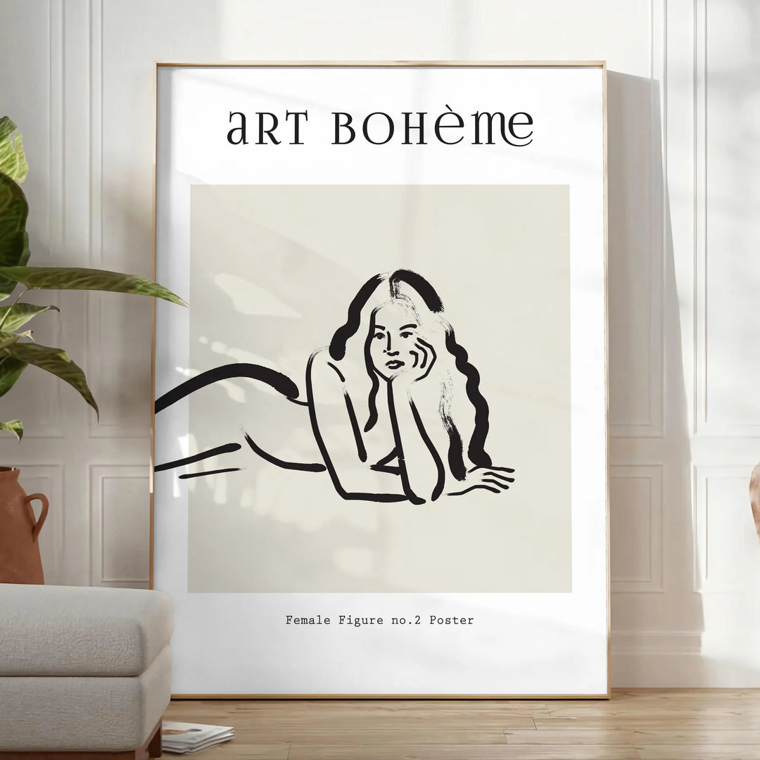 A bohemian-style illustration of a woman surrounded by celestial elements - in a bright minimalist room with a plant and an armchair