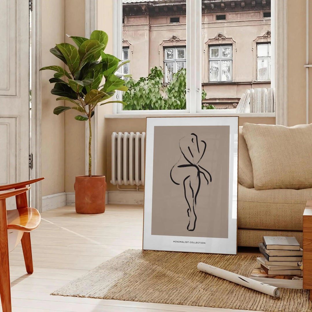 A bohemian-style portrait of a woman with earthy tones and floral elements - in a Parisian living room with a sofa and a fig plant