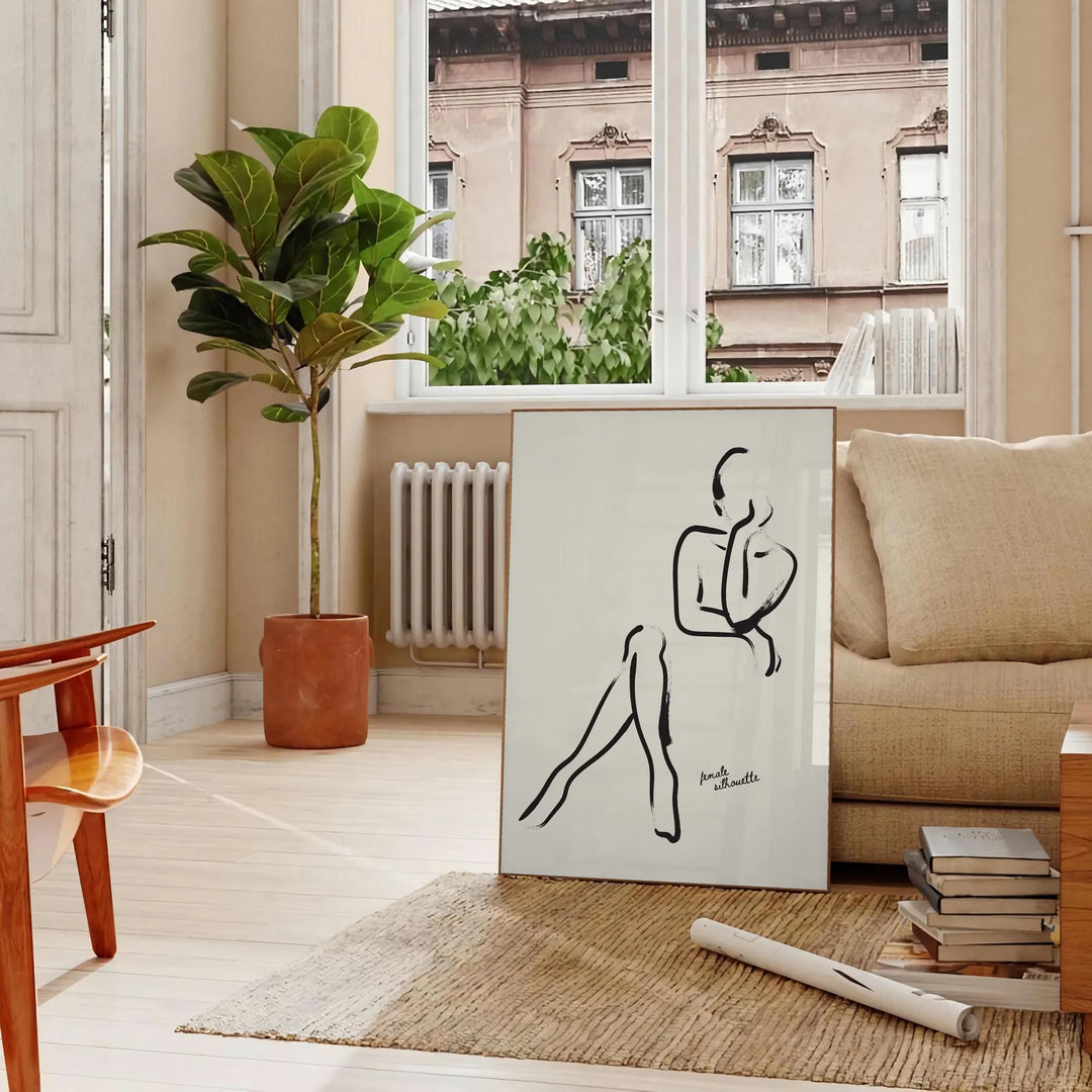 A bohemian style portrait of a woman with colorful patterns and designs - in a Parisian living room with a sofa and a fig plant